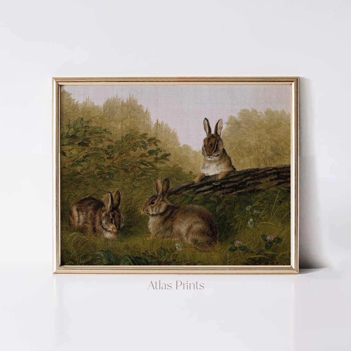 Vintage Rabbit Oil Painting Three Hares Forest Scene Rustic Poster