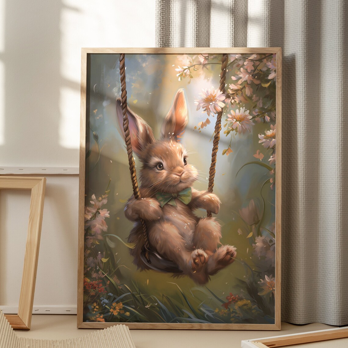 Vintage Cute Swinging Easter Bunny Print Spring Rabbit Wall Art Nursery Dcor Kids Room Dcor Antique Bunny Painting - Image 5