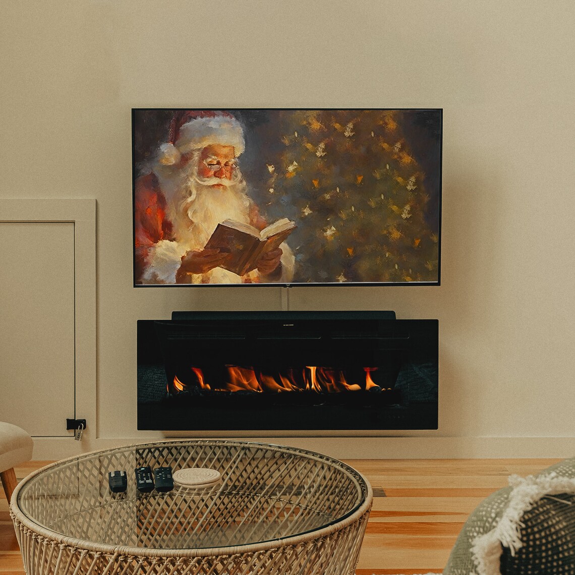 Vintage Santa Reading by Christmas Tree Frame TV Holiday Poster - Image 2