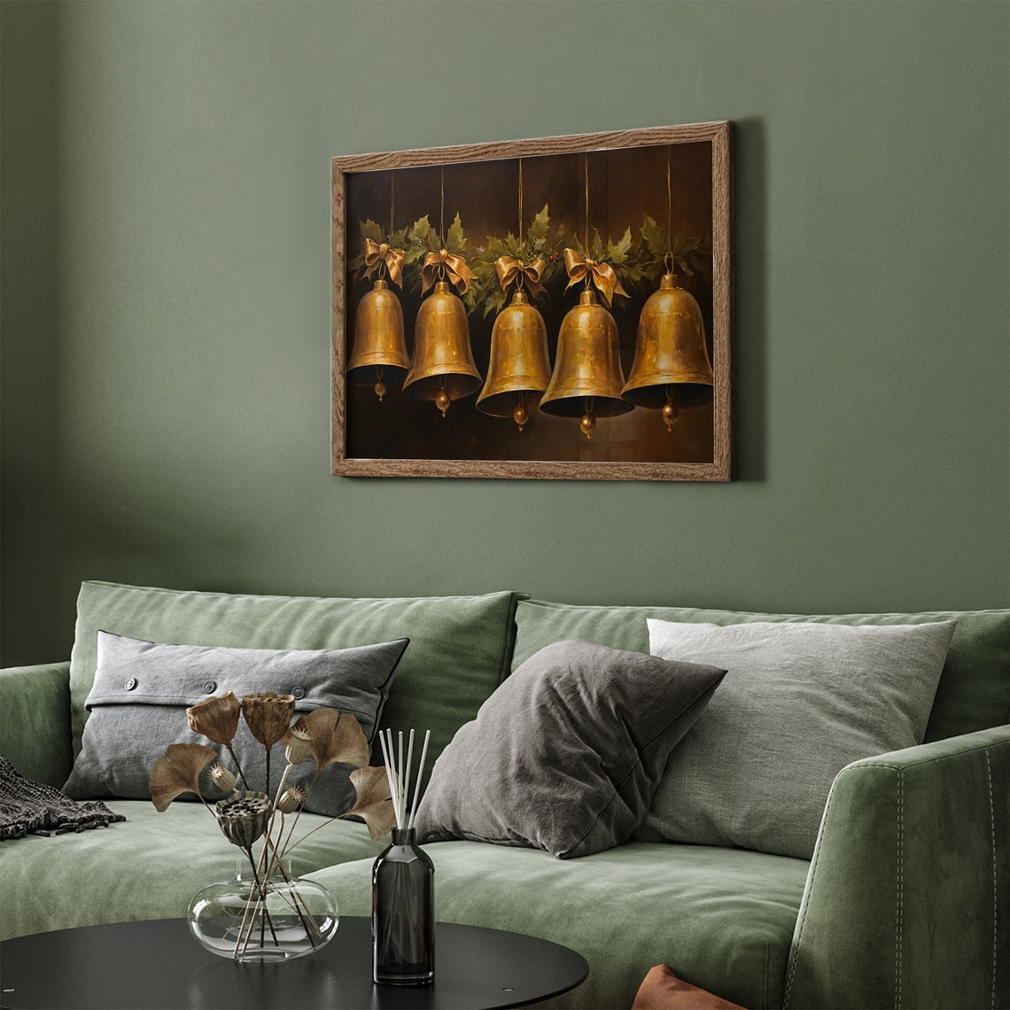 Five Antique Gold Bells with Holly Frame TV Christmas Wall Art - Image 3
