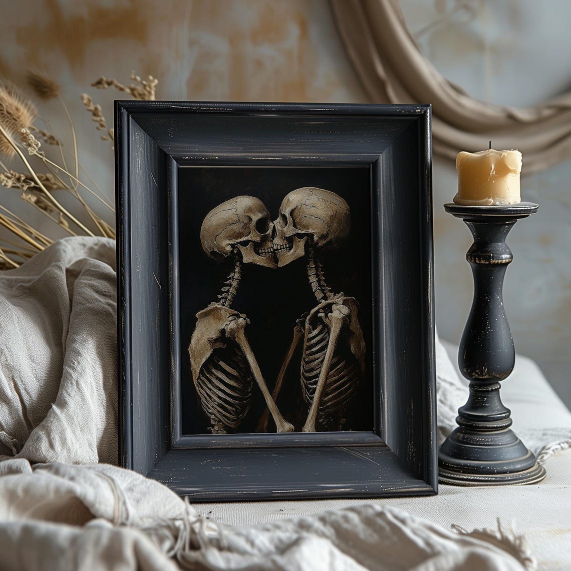 Vintage Skeletons Kissing Dark Romantic Halloween Art Poster - Image 5
