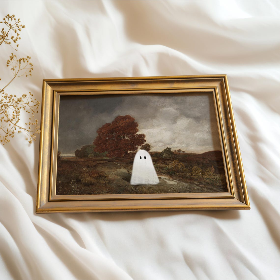 Cute Ghost In A Moody Fall Forest Halloween Spooky Art Poster - Image 3