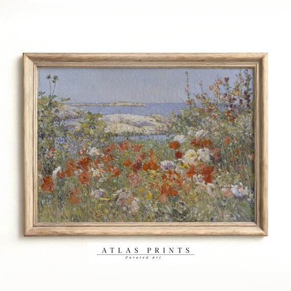 Vintage Wildflower Meadow Coastal Ocean View Antique Painting Poster