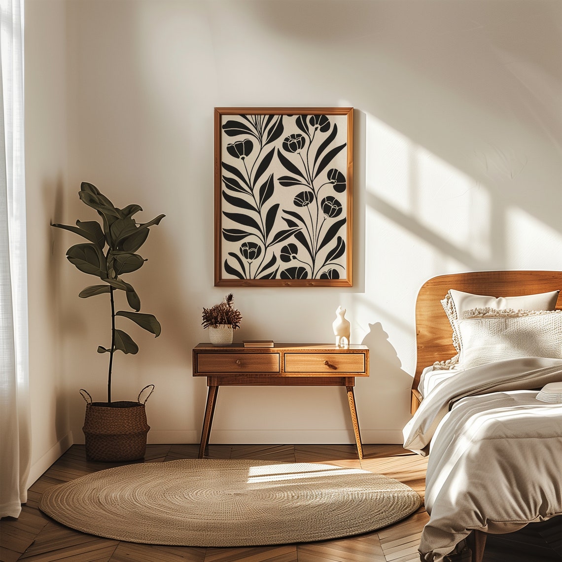 Black Floral Leaf Pattern Cream Scandinavian Botanical Poster - Image 3