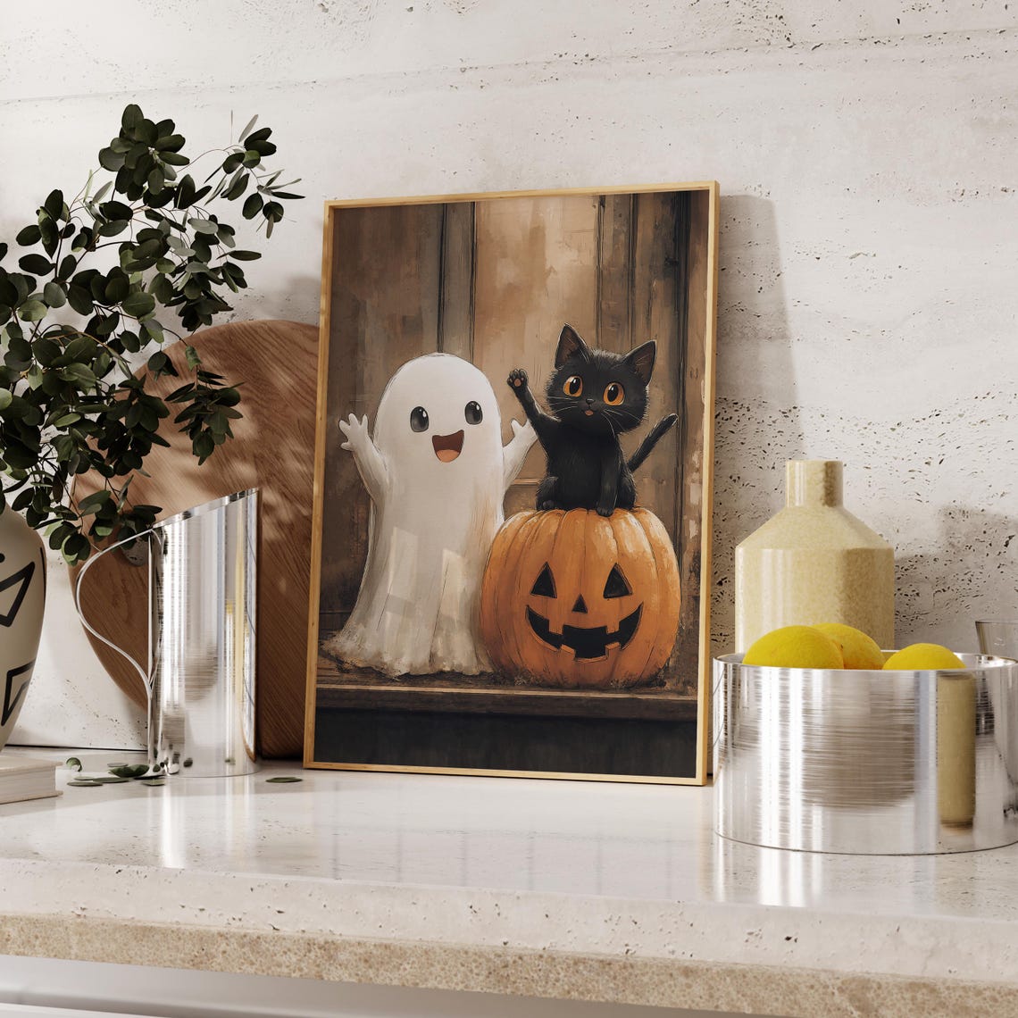 Cute Ghost Black Cat Pumpkin Halloween Spooky Kids Party Poster - Image 2