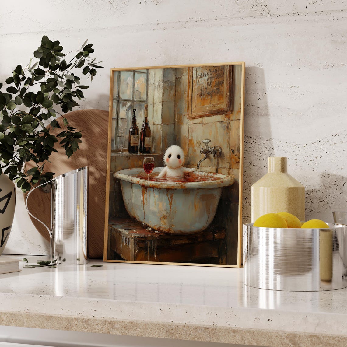 Whimsical White Creature Red Wine Bath Rustic Bathroom Oil Poster - Image 2
