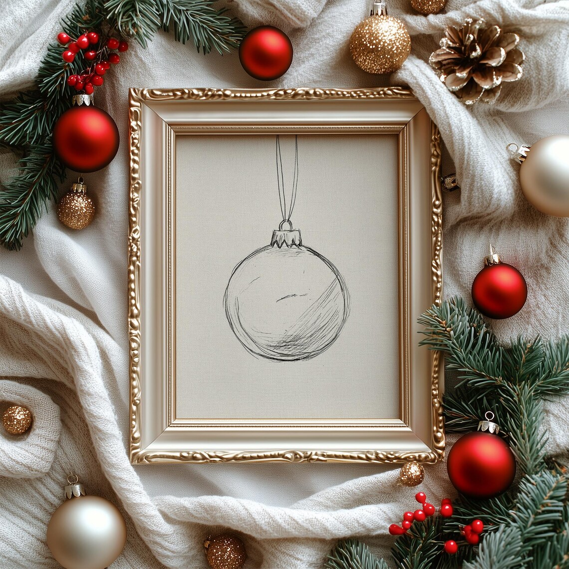 Christmas Bauble Ornament Pencil Sketch Minimalist Holiday Wall Art - Image 4