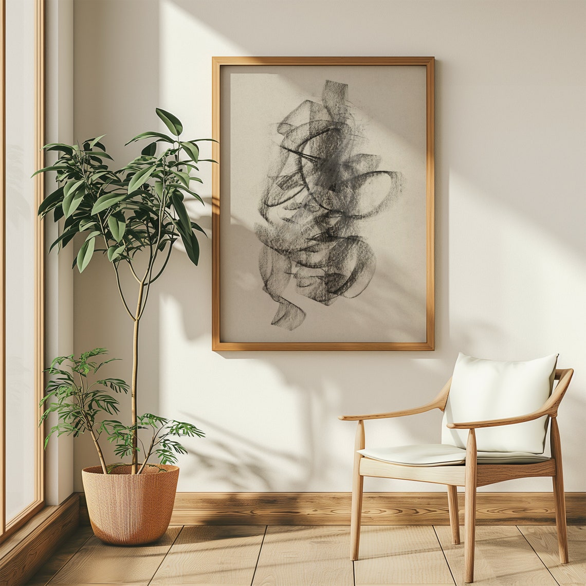 Charcoal Abstract Scribble Sketch Beige Minimalist Modern Wall Art - Image 4