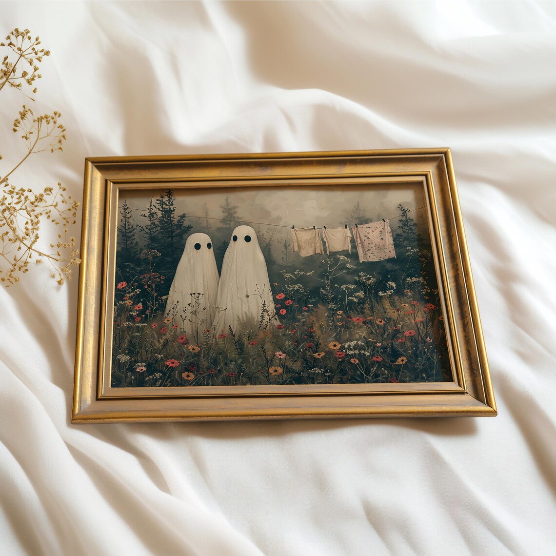 Cute Ghosts In A Wildflower Meadow Print Spooky Halloween Painting Laundry Room Decor Vintage Fall Wall Art Prints - Image 2