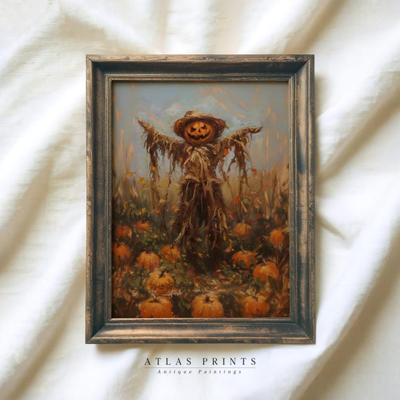 Vintage Scarecrow Halloween Wall Art Spooky Jack O Lantern Pumpkin Painting Cozy Fall Meadow Decor Moody Autumn Prints