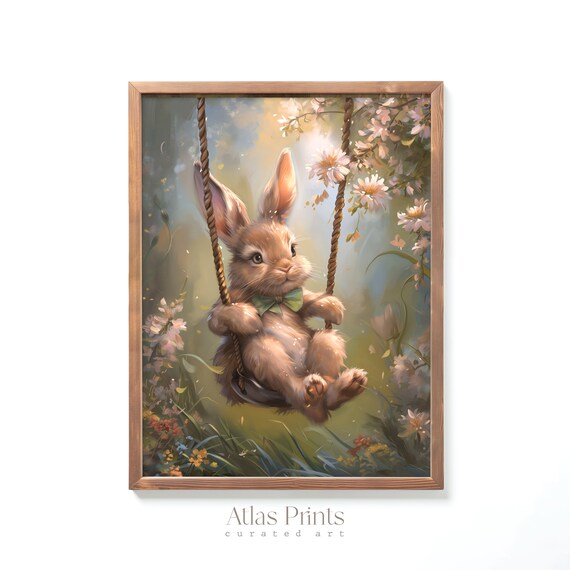 Cute Bunny On A Rope Swing In A Spring Blossom Garden Poster