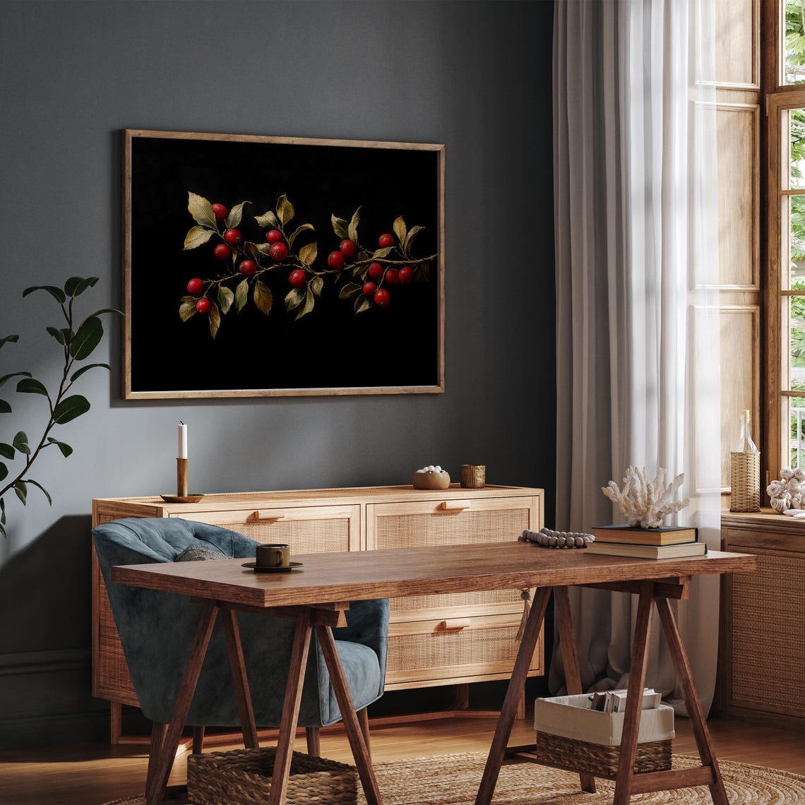 Red Winter Berries Branch On Black Vintage Botanical Wall Art - Image 3