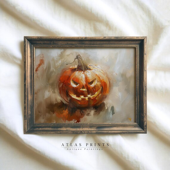 Grinning Jack O Lantern Vintage Oil Painting Spooky Halloween Wall Art