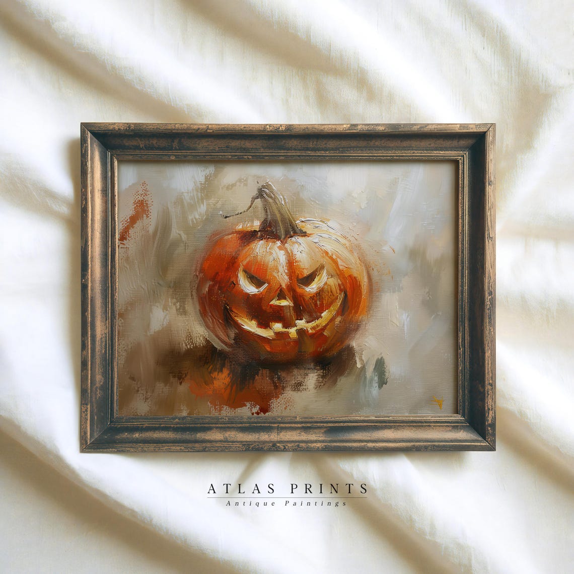 Grinning Jack O Lantern Vintage Oil Painting Spooky Halloween Wall Art