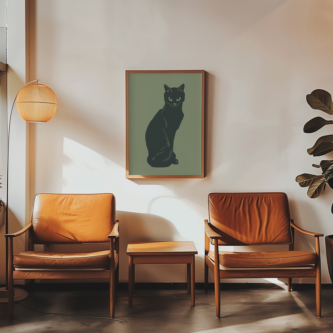 Minimalist Black Cat Silhouette On Sage Green Modern Illustration Poster - Image 5