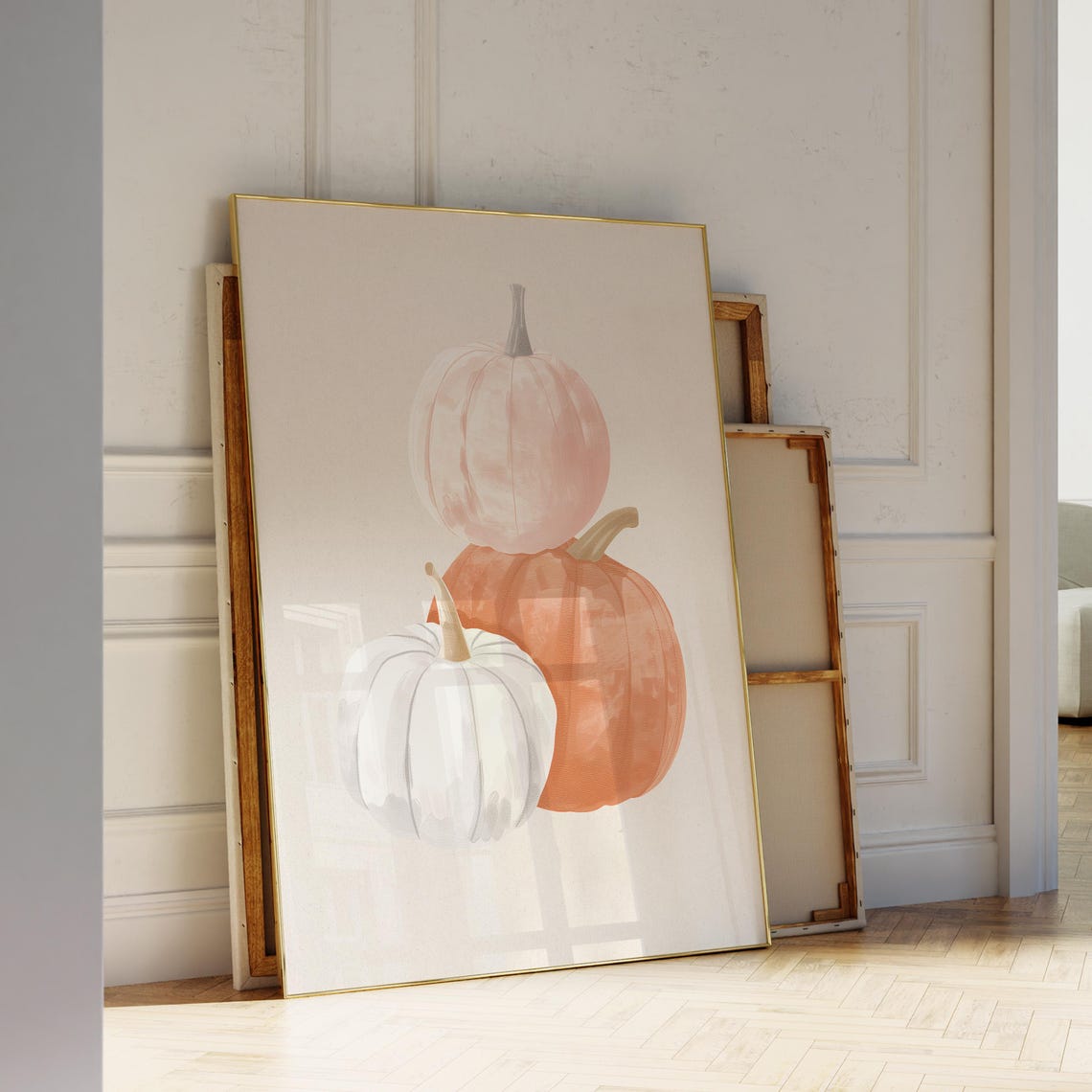 Three Watercolor Pumpkins Pink Orange White Soft Fall Harvest Poster