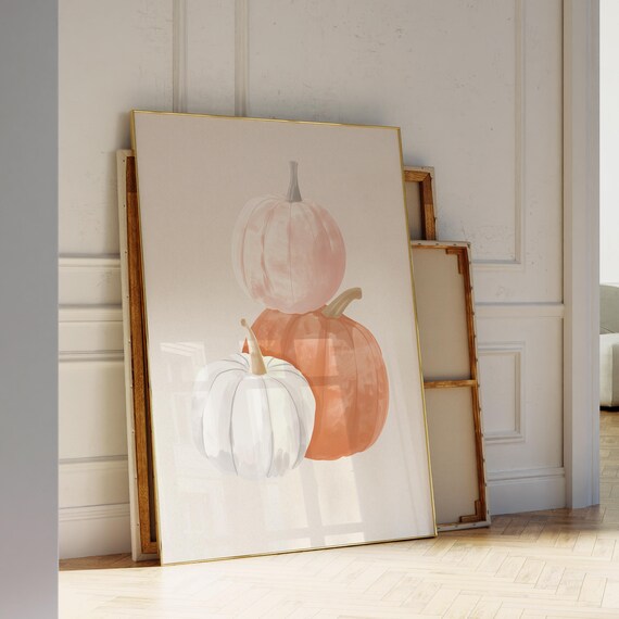 Three Watercolor Pumpkins Pink Orange White Soft Fall Harvest Poster