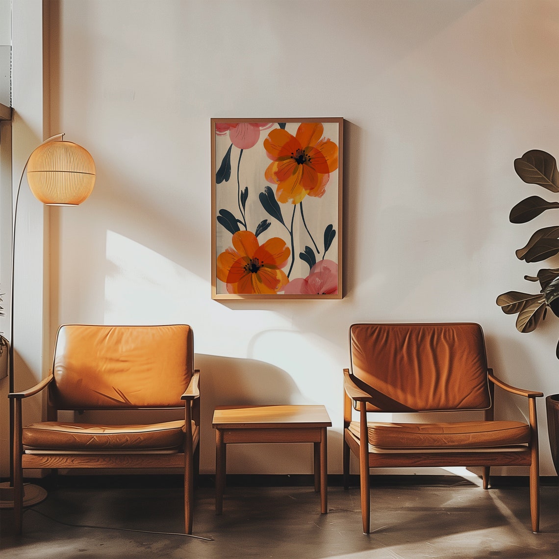 Boho Abstract Orange Flowers Pink Blossom Minimalist Floral Wall Art - Image 5
