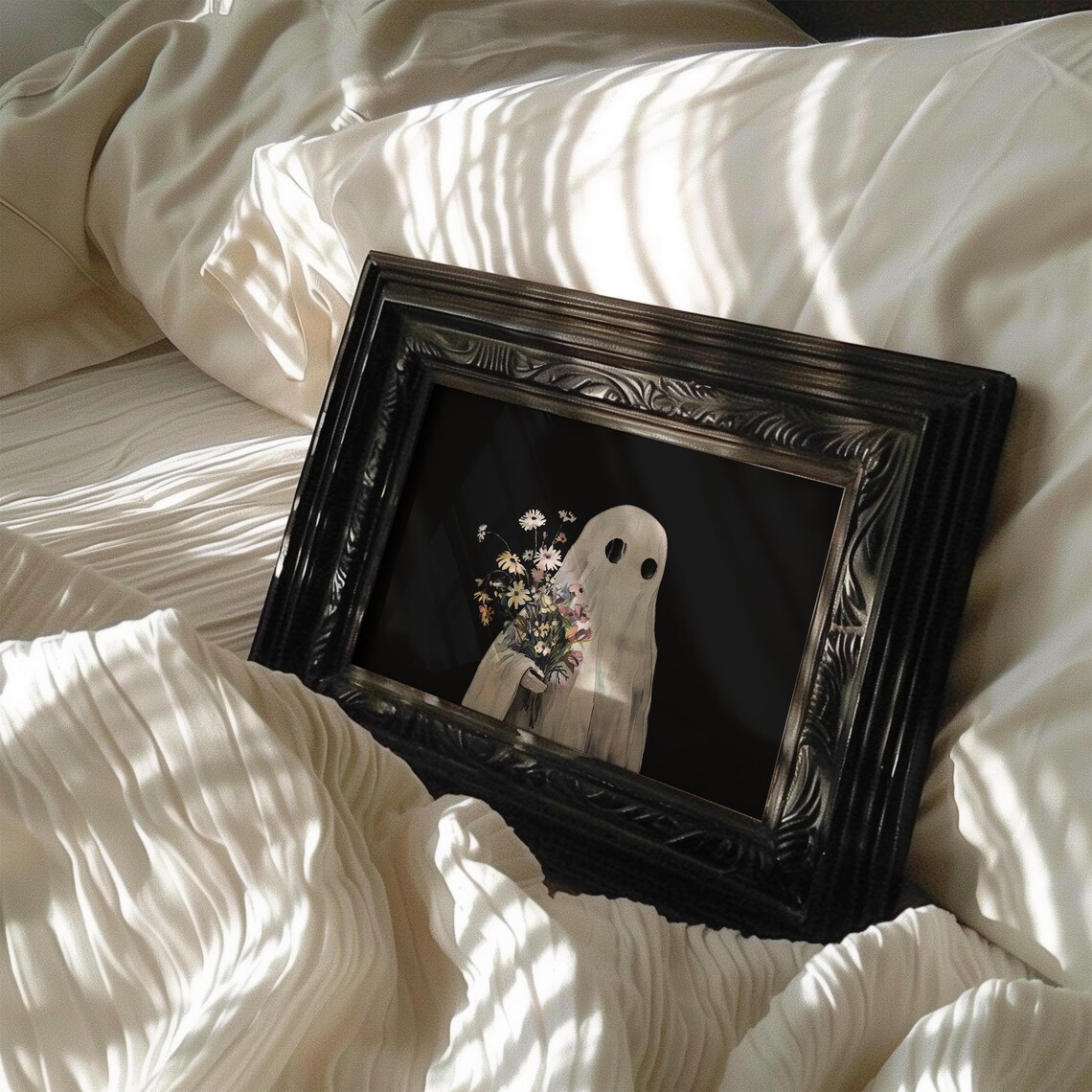 Cute Little Ghost Holding Flower Bouquet Dark Halloween Wall Art - Image 5