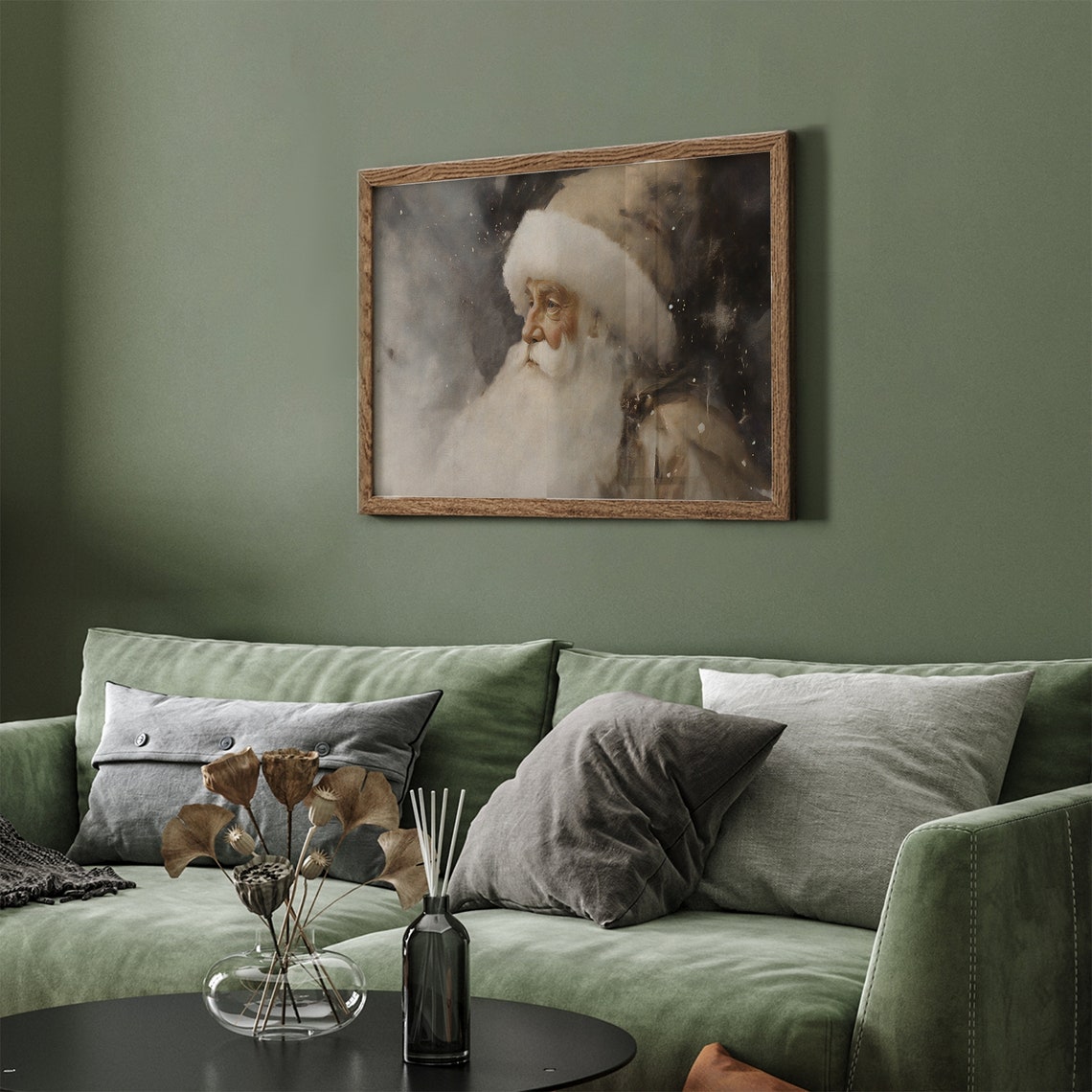 Vintage Santa Claus Profile Snowy Night Painting Christmas Poster - Image 3