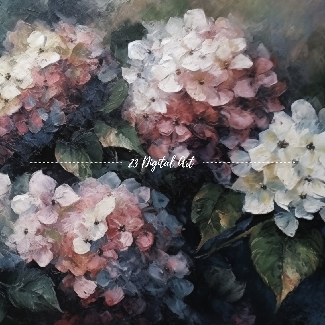 Dark Moody Hydrangeas White Pink Blooms Elegant Floral Art Print - Image 7
