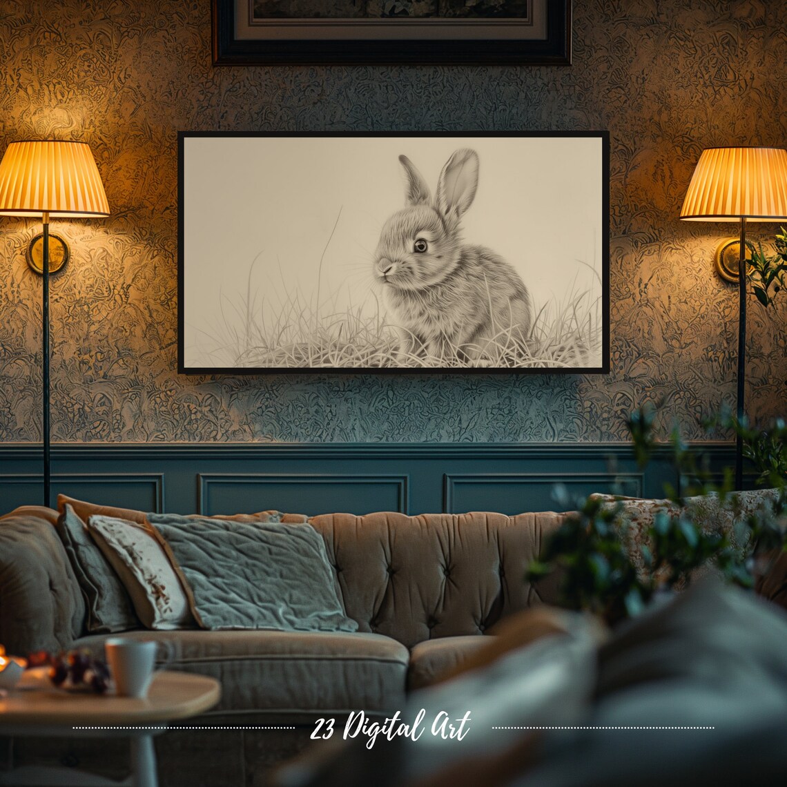 Bunny Rabbit Sketch Sepia Grass Vintage Pencil Drawing Frame TV Art Poster - Image 6