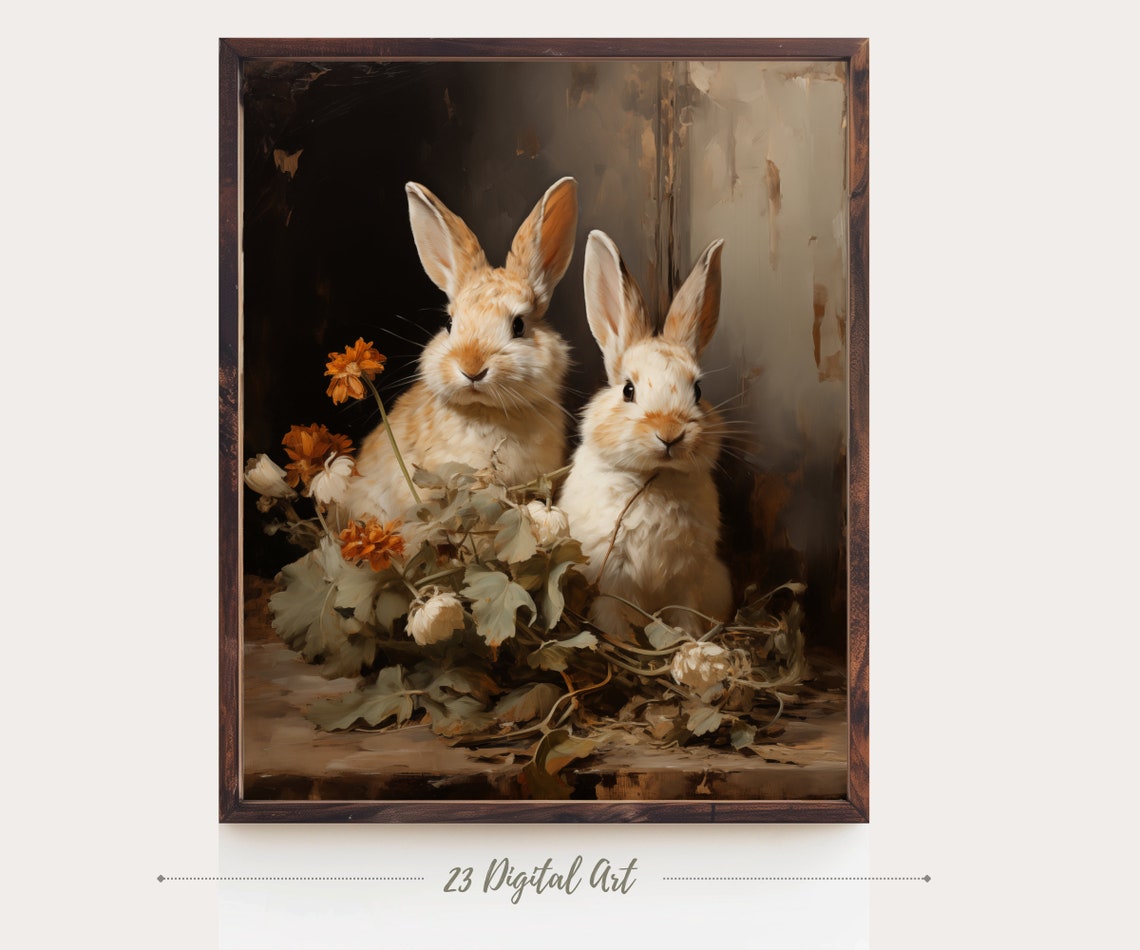 Two Bunnies Vintage Portrait Orange Flowers Dark Wall Art Print Poster - Image 4