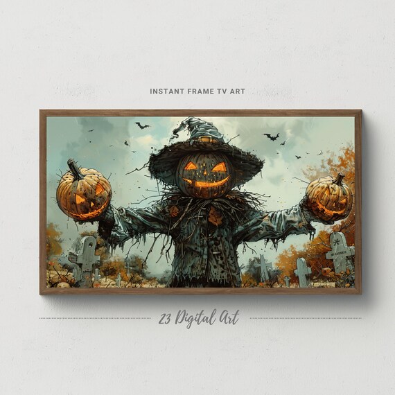 Halloween Pumpkin Head Scarecrow Glowing Jack-o-Lanterns Spooky Graveyard Poster
