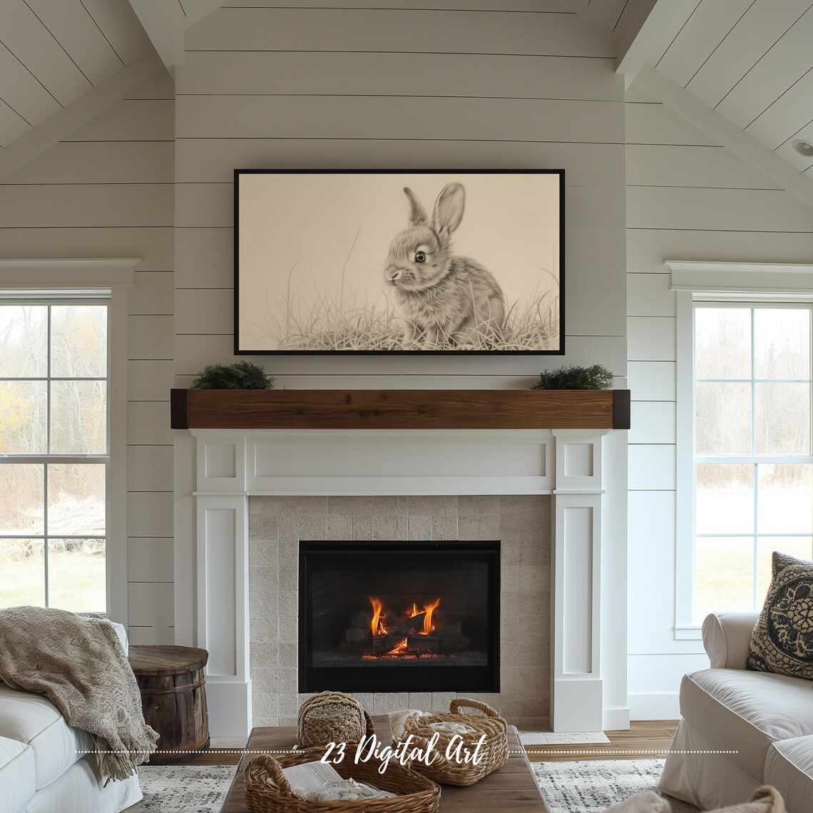 Bunny Rabbit Sketch Sepia Grass Vintage Pencil Drawing Frame TV Art Poster - Image 5
