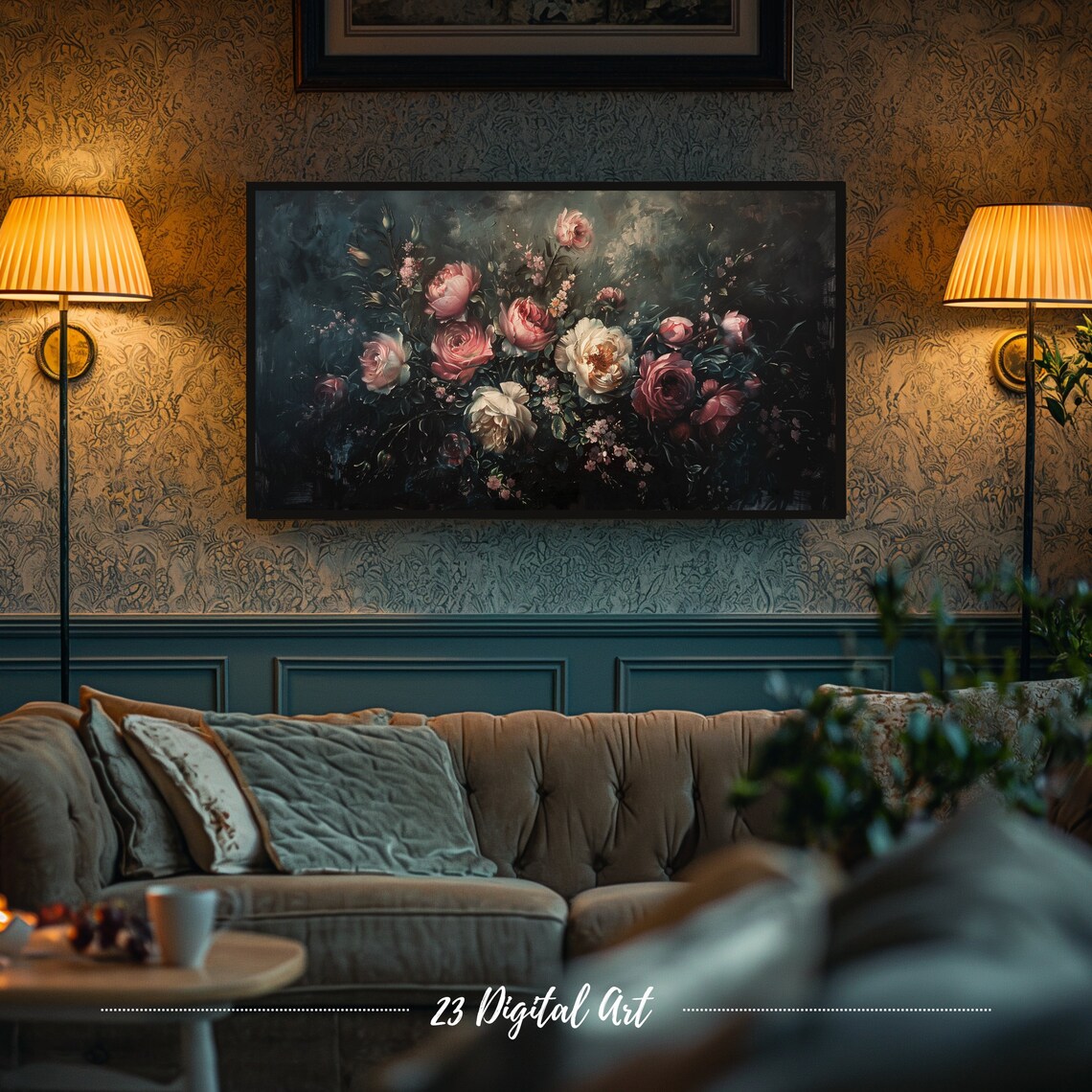 Blush Pink Roses Dark Moody Vintage Floral Still Life Frame TV Poster - Image 5