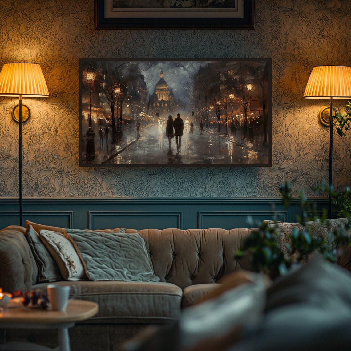 Romantic Couple Rainy Night City Walk Vintage Painting Poster - Image 5