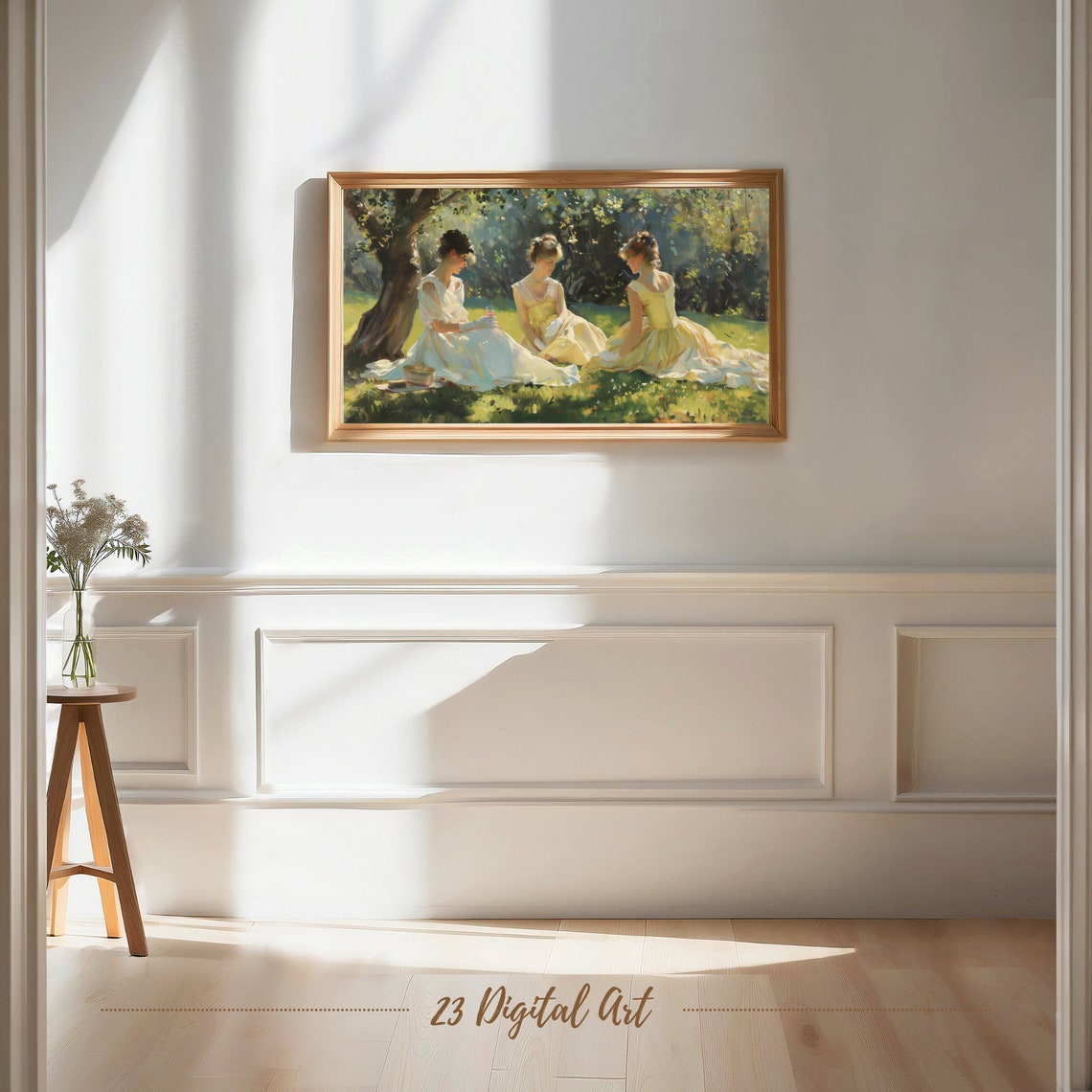 Frame Tv Art Summer Landscape Oil Painting Ladies Sitting In The Park Classic Neutral Country Earthy Green Garden Painting Tv Art 125 - Image 7