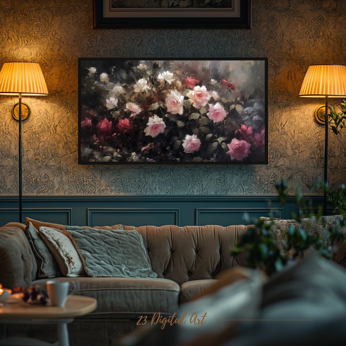 Moody Rose Garden Dark Background Classic Floral Painting Art Print - Image 5