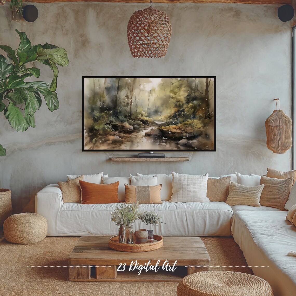 Frame Tv Art Moody Watercolour Painting Of The Summer Landscape Classic Neutral Summer Stream Botanical Green Earthy Summer Tv Art 122 - Image 4