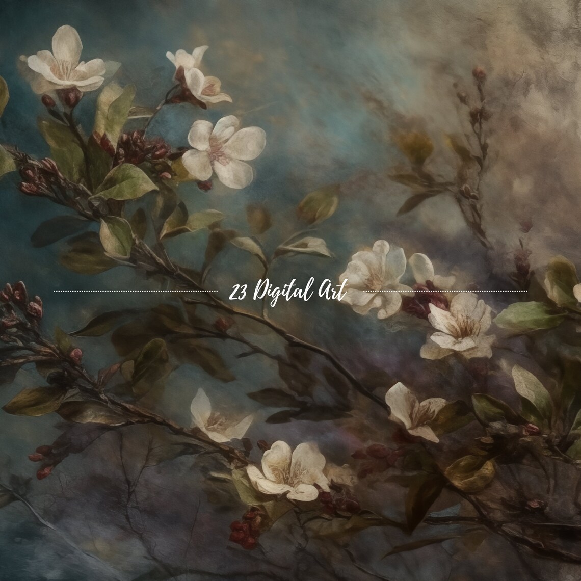 White Blossoms Dark Moody Botanical Floral Painting Art Print - Image 7