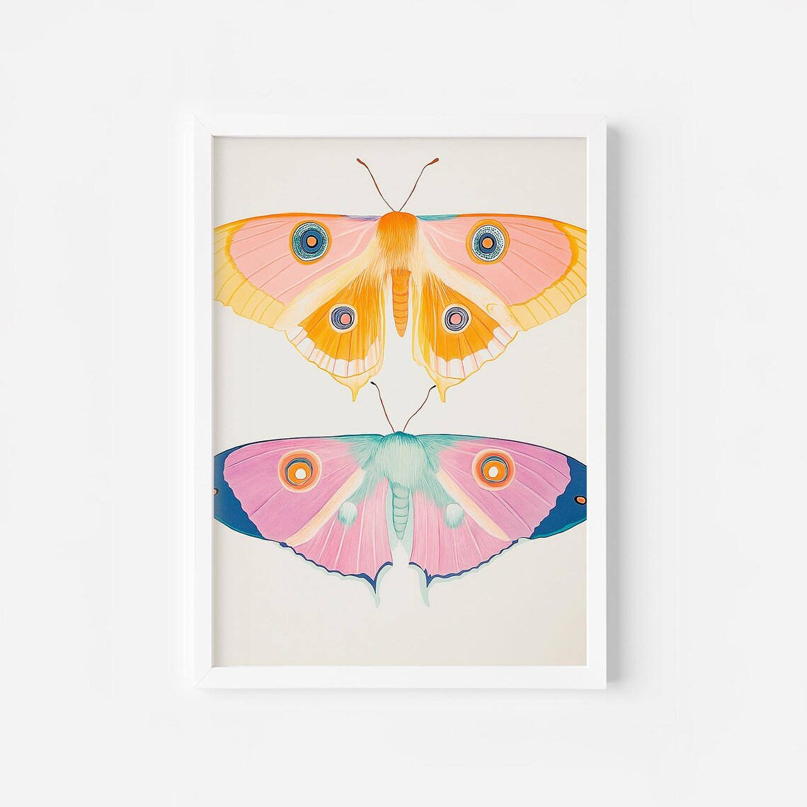 Orange Pink and Teal Moths Pair Vintage Insect Illustration Poster