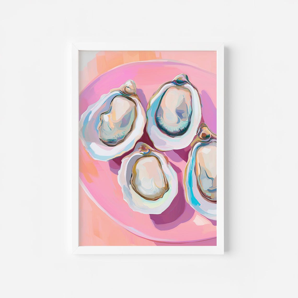 Oysters on Pink Plate Coastal Seafood Modern Kitchen Poster Art
