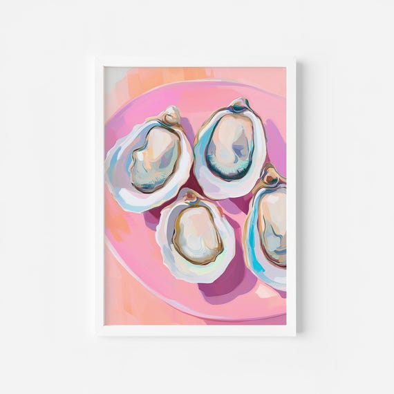 Pastel Pink Oyster Antique Still Life Fish Art Coastal Home Art Kitchen Poster Retro Food Art Dining Room Food