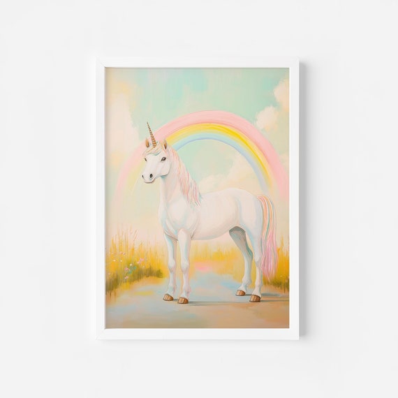 Pastel White Unicorn Painting Whimsical Playroom Print Fantasy Nursery Wall Art Whimsical Fantasy Rainbow Print