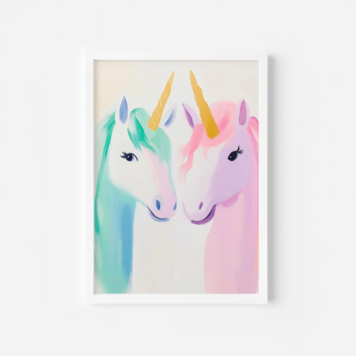 Two Pastel Unicorns Facing Each Other Twin Girls Room Decor Poster