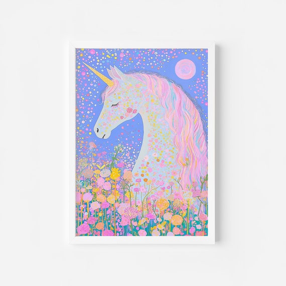 White Unicorn In A Garden Whimsical Playroom Print Fantasy Nursery Wall Art Whimsical Fantasy Rainbow Print