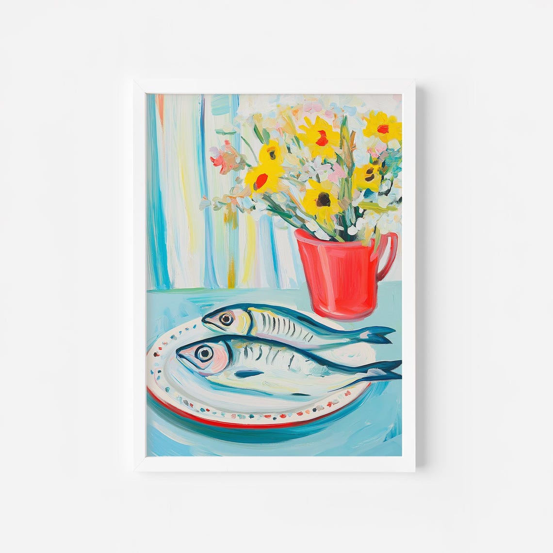 Two Fish on Plate With Wildflowers Coastal Kitchen Still Life Poster