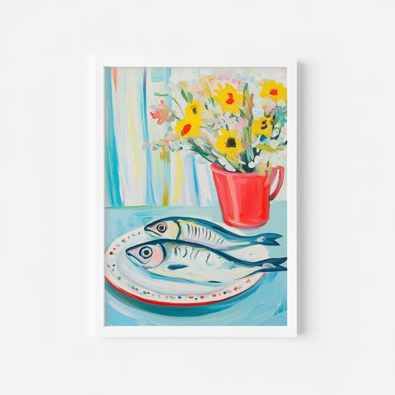 Pastel Fish Painting Antique Still Life Fish Art Coastal Home Art Kitchen Poster Retro Food Art Dining Room Food