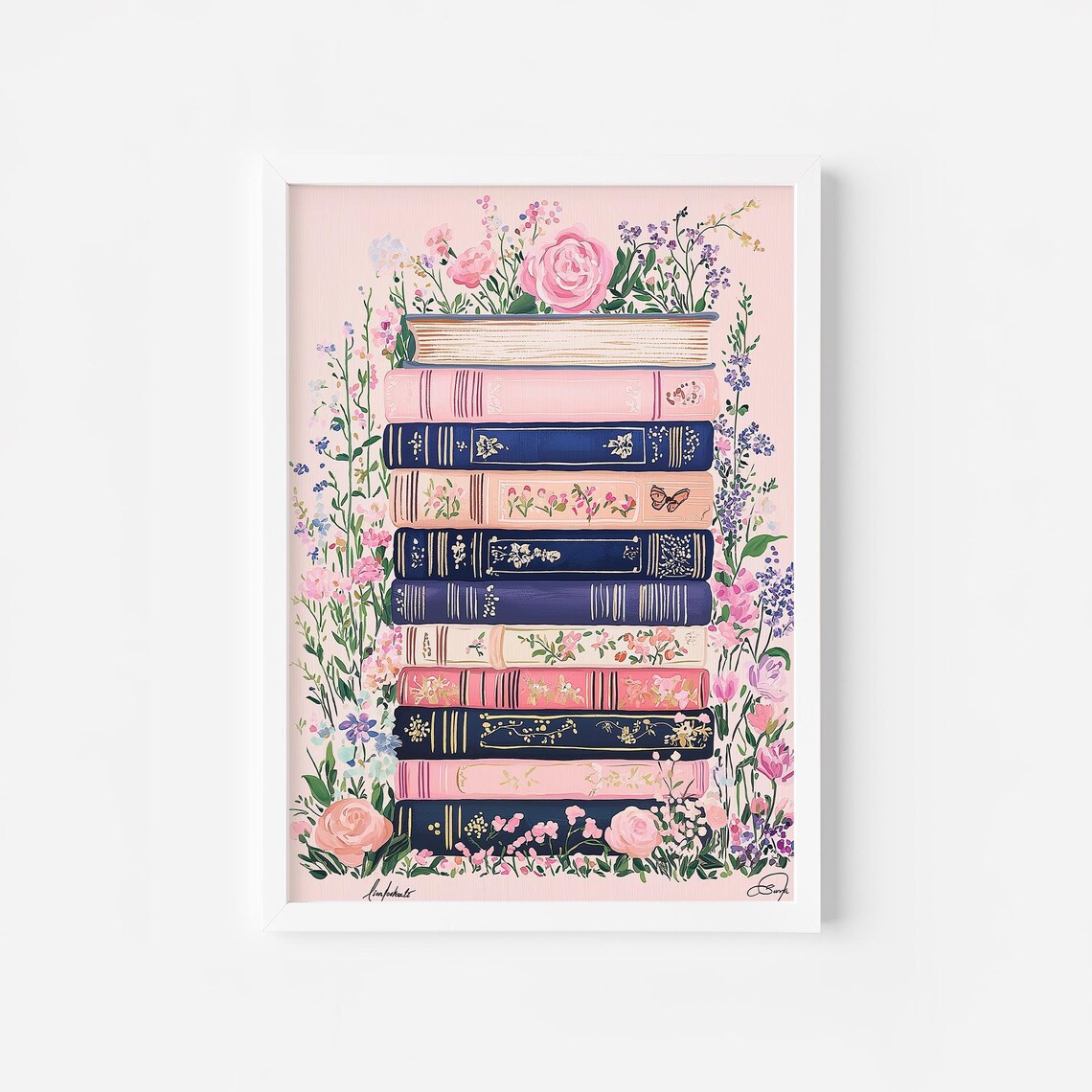 Blush Pink Book Stack Floral Roses Reading Nook Book Lover Poster