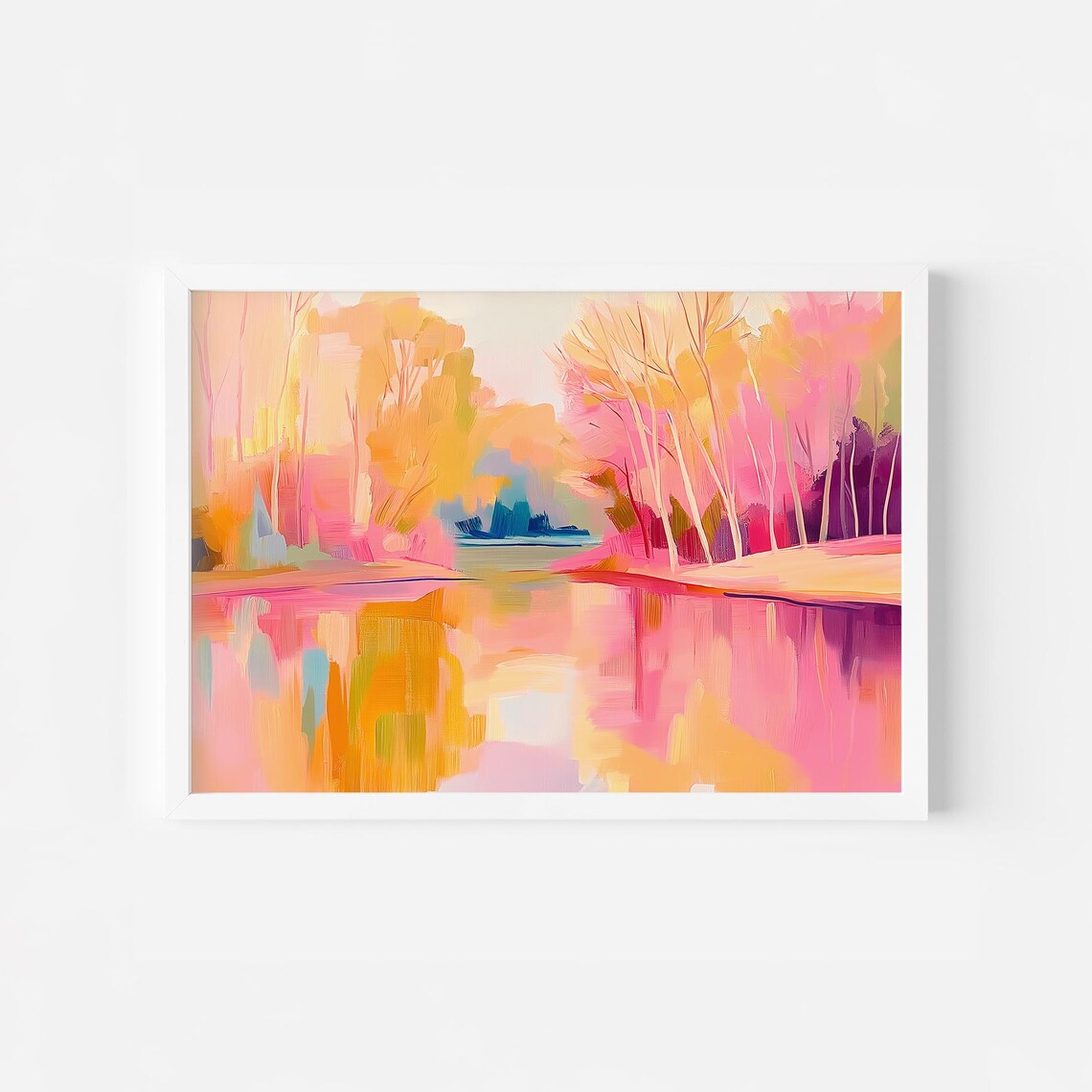 Pink Autumn Trees Glowing Beside Still Reflective Lake Poster