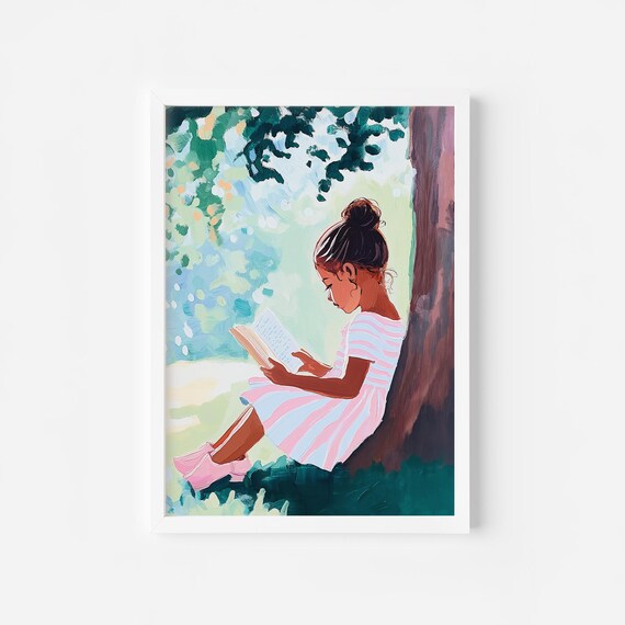 Black Girl Reading Under Tree Reading Nook Summer Read Art Girly Book Lover Girls Room Book Nook Book Lover Gift