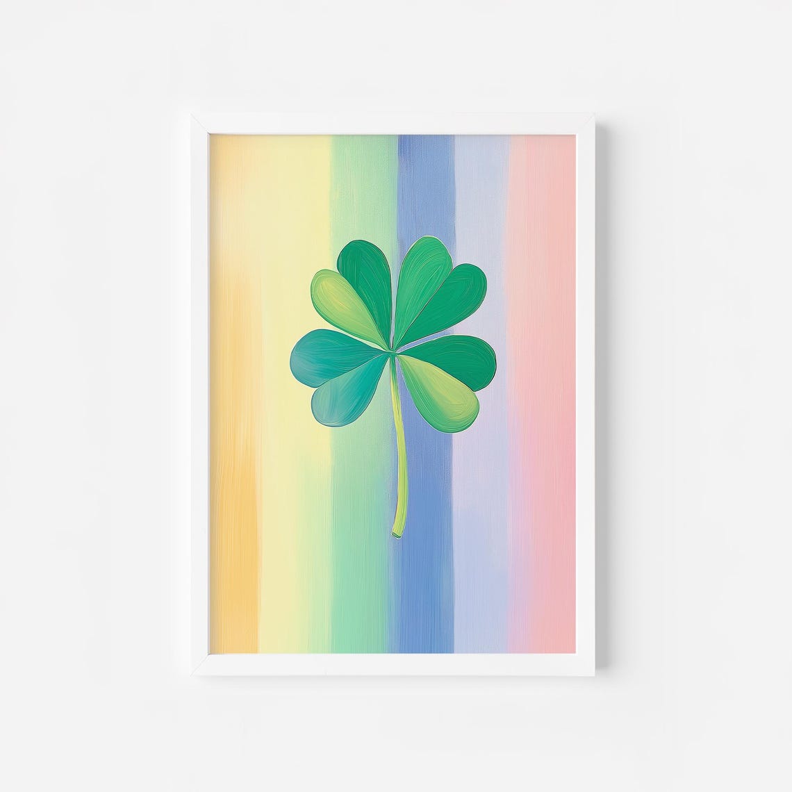 Green Shamrock On Pastel Rainbow Stripes Lucky Clover Poster