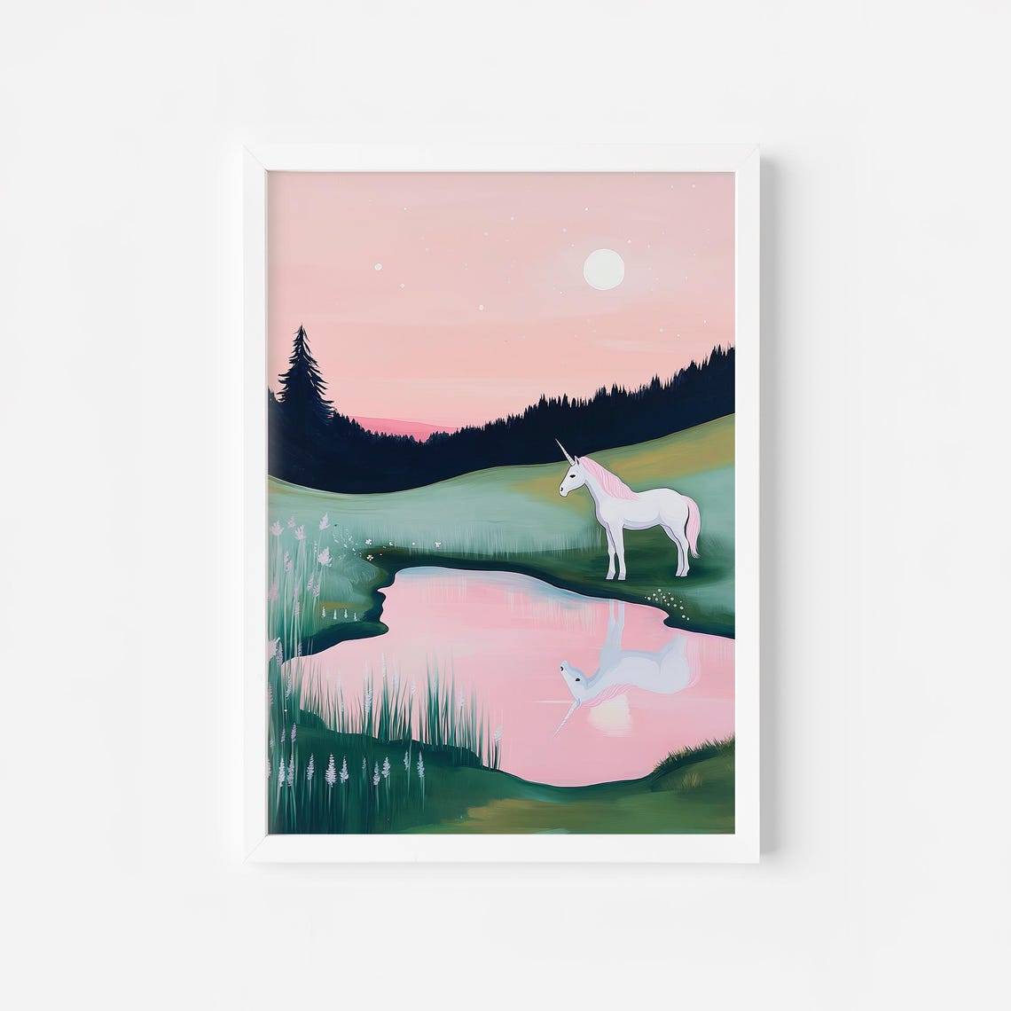 Moonlit White Unicorn At Pond Under Pink Night Sky Fantasy Poster
