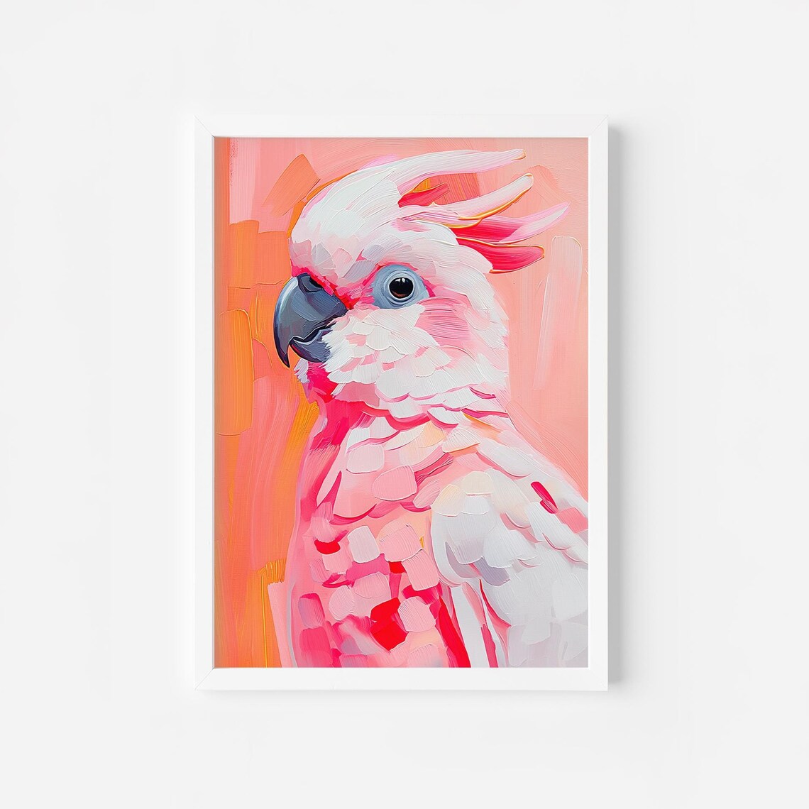 Pink Cockatoo Portrait Impasto Bird Painting Tropical Wall Art