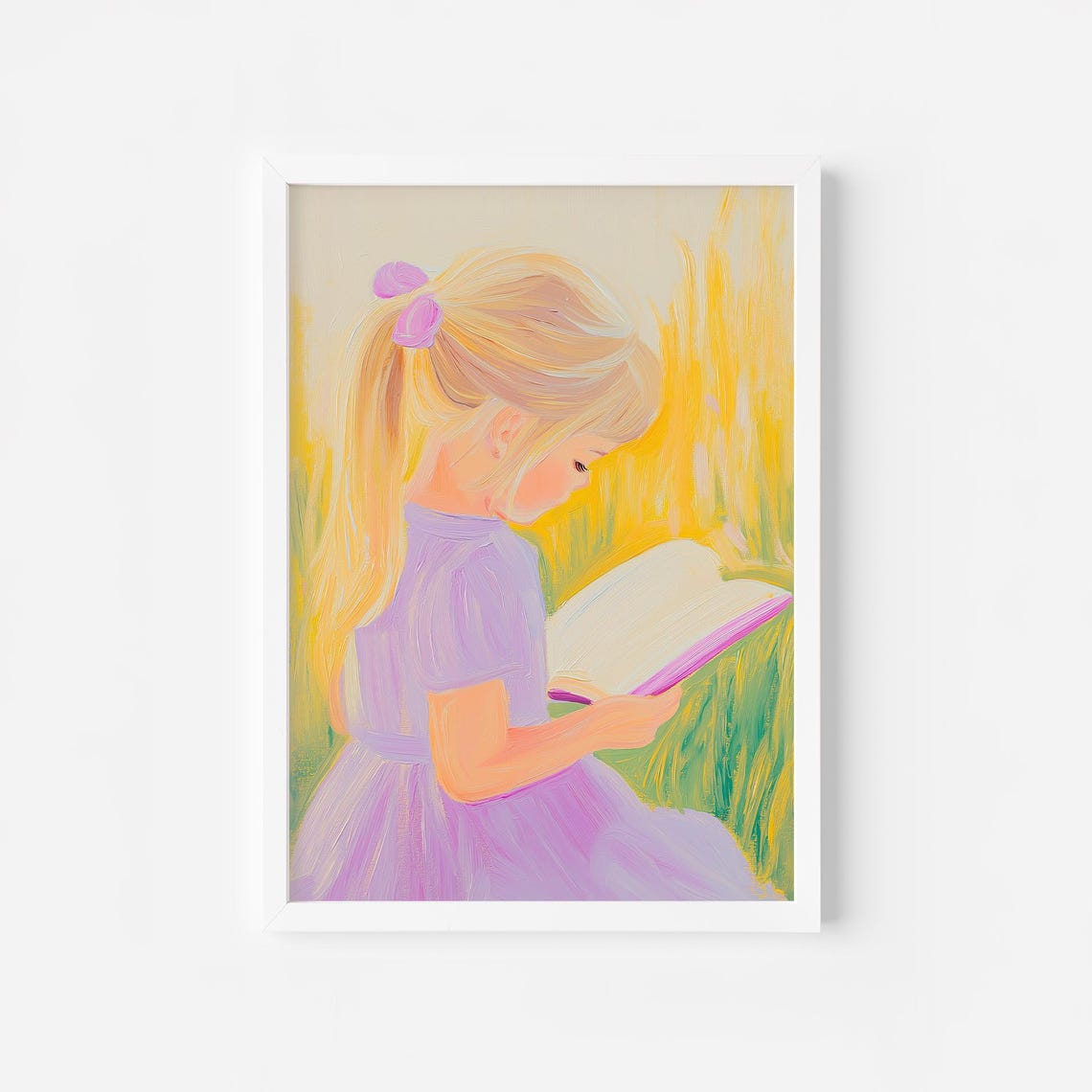 Blonde Girl in Purple Dress Reading in Golden Wheat Field Poster